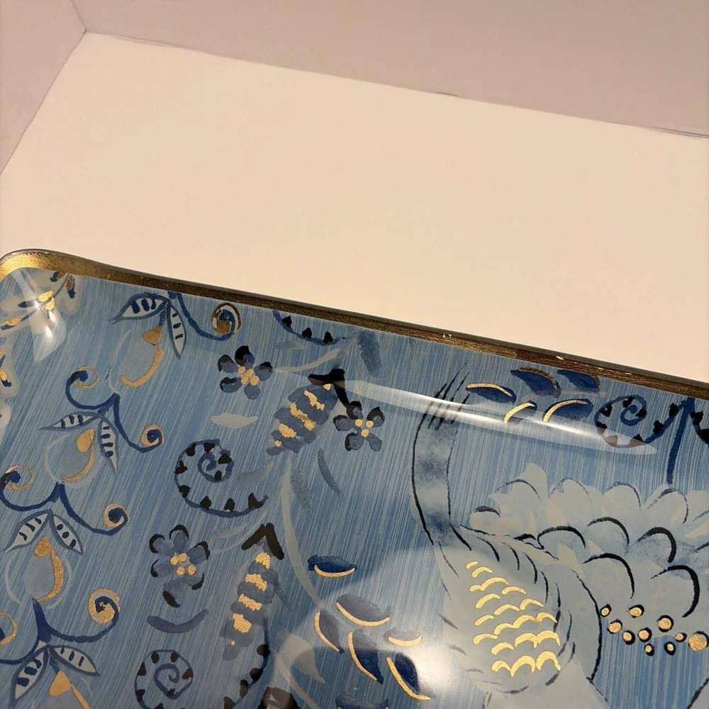 Pier 1 Vintage Blue‎ Gold Foil Art Glass Birds Oblong Serving Tray Dish Whimsy